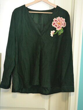 Hand Embroidered Peony Green Corduroy Blouse With V Neck